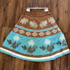 Vintage A-Line Knee-Length Skirt Turquoise & Brown with sequins Size 8
